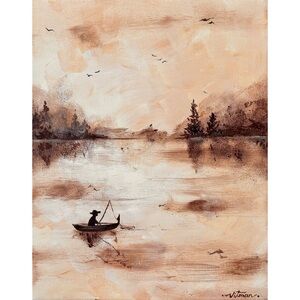 Gentle Light – Original Acrylic Lake Painting, Warm Sunset Nature Beige Art